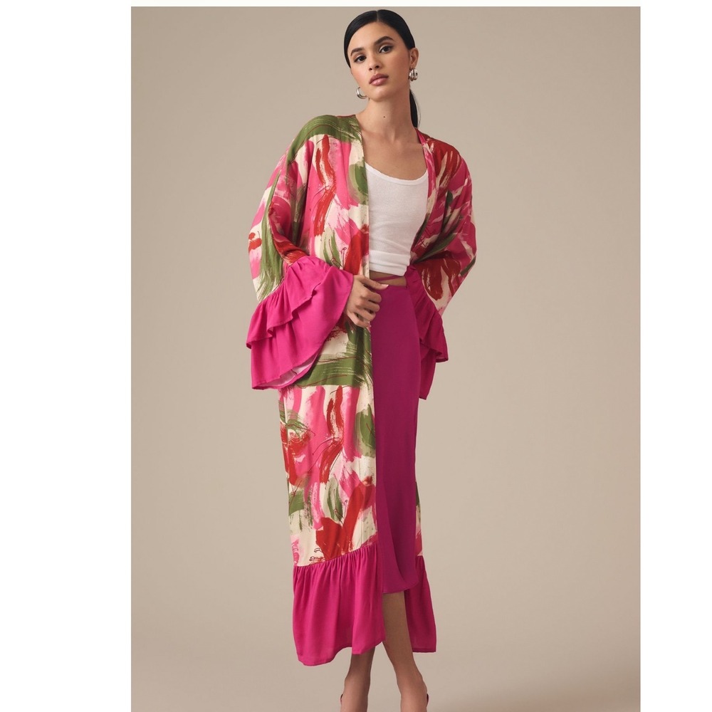 Bel Kazan Printed Ruffle-Sleeve Kimono Pink Abstract Floral Rayon Duster OS